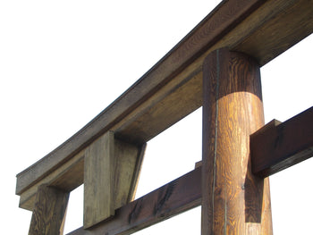 Wooden Japanese torii gate closeup