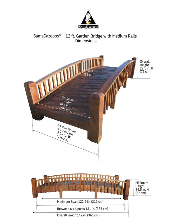Wooden Bridge 12 ft Medium Rails Commercial Grade - SamsGazebos Handcrafted Garden Structures