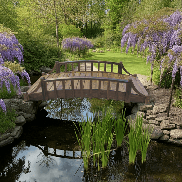 French Country Wood Garden Bridge 8 ft. - SamsGazebos Handcrafted Garden Structures