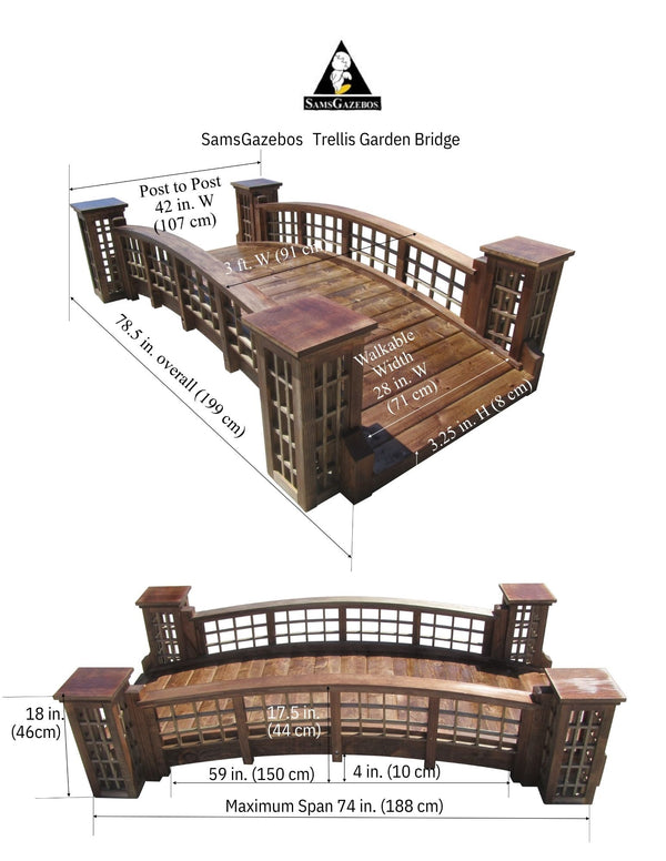 Wooden Bridge 7 ft Arched Grid Lattice Railings 4 Trellis Posts - SamsGazebos Handcrafted Garden Structures