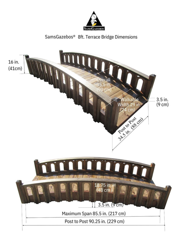 Pond Bridge with Arched Railings for Backyard 8 ft Terrace - SamsGazebos Handcrafted Garden Structures