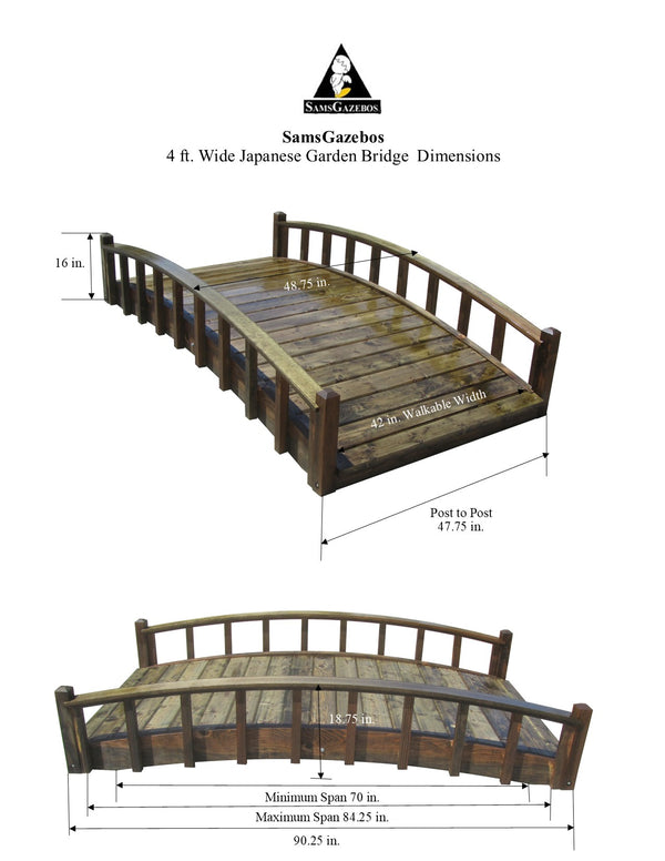 Japanese Wood Garden Bridge 8 ft. x 4 ft. 400 lb. load capacity - SamsGazebos Handcrafted Garden Structures