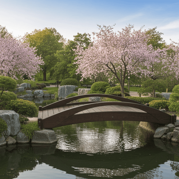 Basho Garden Bridge 8 ft. overlooking Cherry blossoms - SamsGazebos Handcrafted Garden Structures