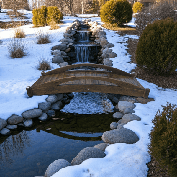 Basho Garden Bridge 8 ft. in snow - SamsGazebos Handcrafted Garden Structures