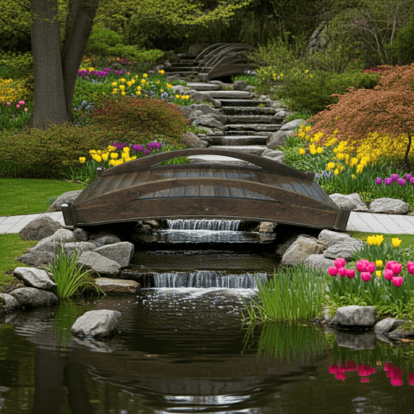 Basho Garden Bridge 8 ft. in spring garden - SamsGazebos Handcrafted Garden Structures