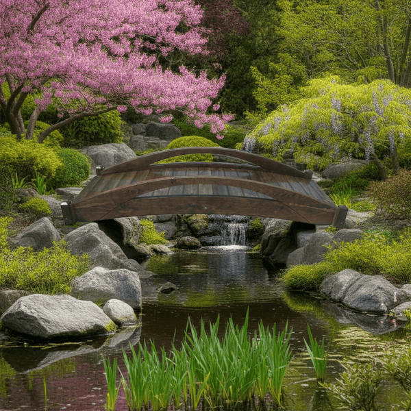 Basho Garden Bridge 8 ft. over a small pond - SamsGazebos Handcrafted Garden Structures