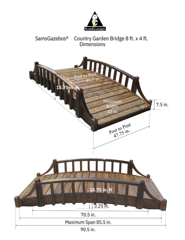 French Country Wood Garden Bridge 8 ft. - SamsGazebos Handcrafted Garden Structures