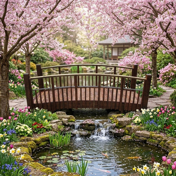 Japanese Bridge with Split Railings 12 ft Taiko placed over a pond surrounded by cherry blossoms trees and spring flowers.