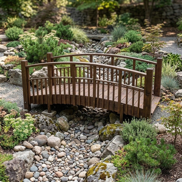 Japanese Bridge with Split Railings 12 ft Taiko spans a dry creek in a serene Japanese garden.