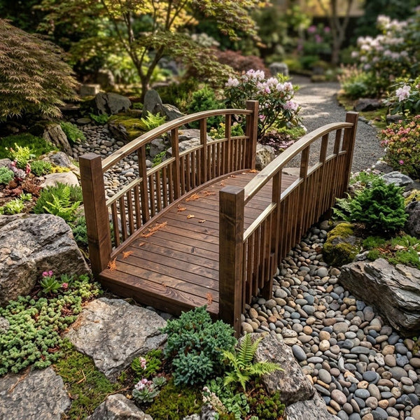 Japanese Bridge with Split Railings 12 ft Taiko spans a stream of rocks leading to a a narrow pebble path surrounded by rocks and trees.