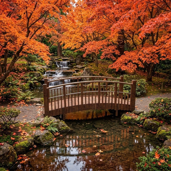 Japanese Bridge with Split Railings 12 ft Taiko spans a pond with waterfalls surrounded by orange Maple trees.