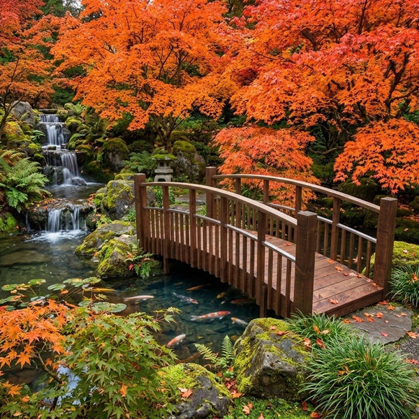 Japanese Bridge with Split Railings 12 ft Taiko spans a koi pond with waterfalls surrounded by Maple trees.