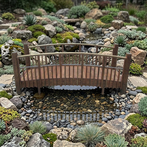 Japanese Bridge with Split Railings 12 ft Taiko spans a creek surrounded by rocks and cactus.