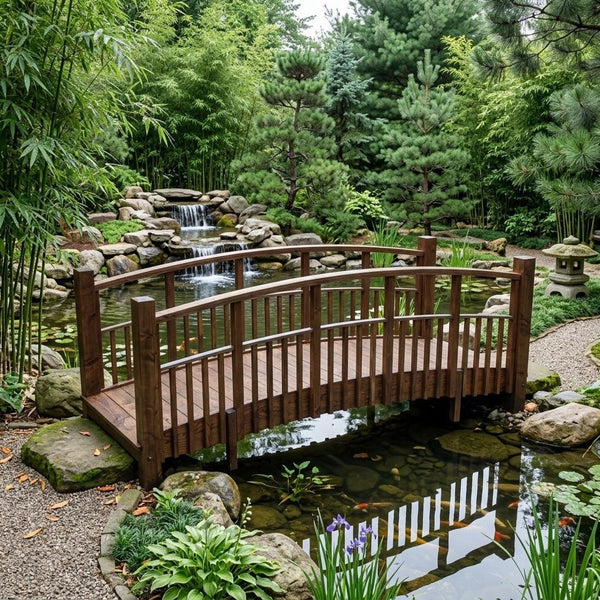 Japanese Bridge with Split Railings 12 ft Taiko spans a pond with koi fish and waterfalls surrounded by bamboo trees and a Japanese stone lantern.
