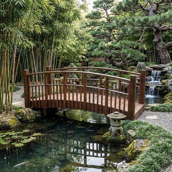 Japanese Bridge with Split Railings 12 ft Taiko spans a pond surrounded by Pine trees and bamboo trees in a Japanese garden.