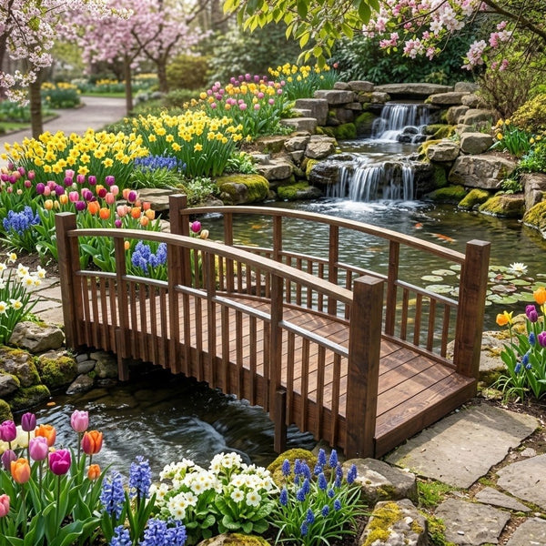 Japanese Bridge with Split Railings 12 ft Taiko spans a pond with koi fish surrounded by colorful spring flowers.