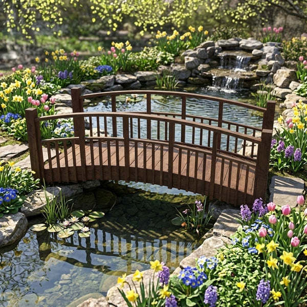 Japanese Bridge with Split Railings 12 ft Taiko spans a small pond with water lilies and waterfalls in a sunny spring garden.