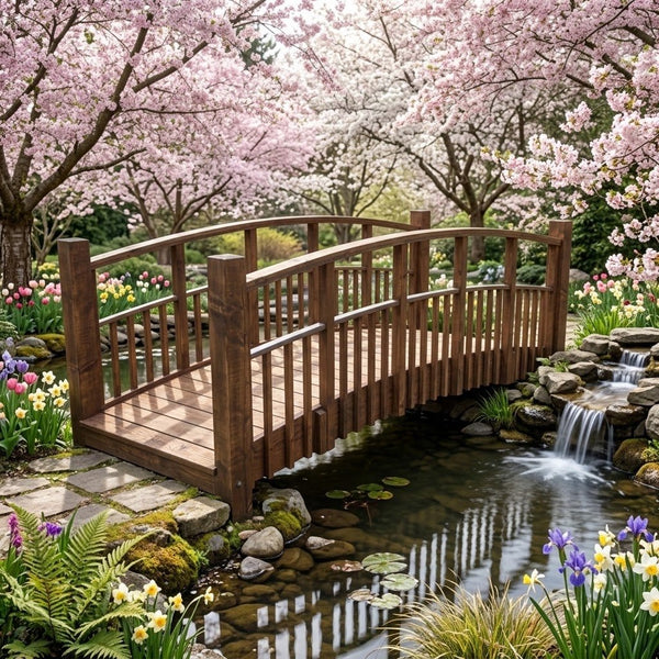 Japanese Bridge with Split Railings 12 ft Taiko spans a pond with splashing waterfalls under cherry blossom trees.