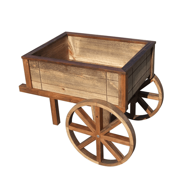 Wheelbarrow Wood Outdoor Planter Treated Brown - SamsGazebos Handcrafted Garden Structures