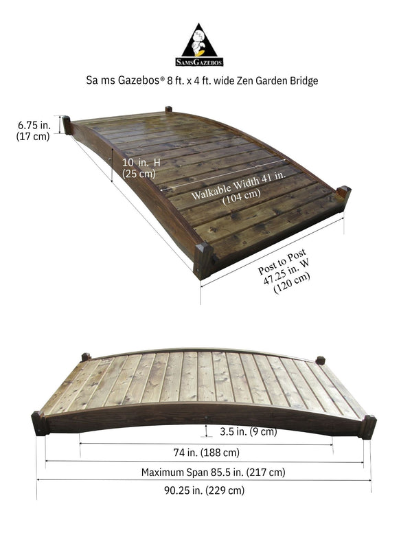 Arched Wooden Bridge Zen 8 ft x 4 ft 400 lb capacity (Clearance floor model) - SamsGazebos Handcrafted Garden Structures