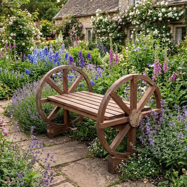 A rustic wooden garden bench with decorative  wooden wheels on the sides, placed in a lush flower garden with purple flowers and a stone cottage in the background.