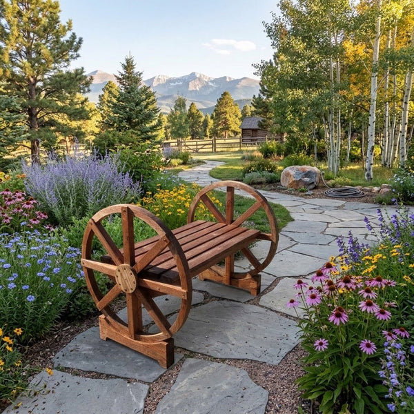 A rustic wooden bench with decorative wheels on the sides sits on a stone path in a beautifully landscaped garden with mountains in the background.