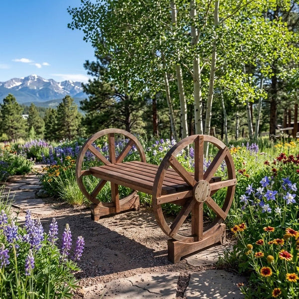 A rustic wooden bench with decorative wheels on the sides sits in a garden pathway surrounded by flowers, trees, and mountains in the background.