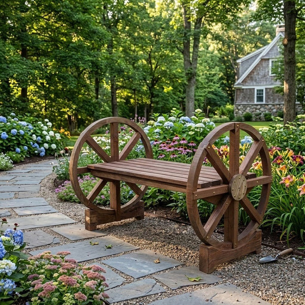 A rustic wooden garden bench with decorative wheels on the sides, situated on a stone path in a lush, green backyard garden with flowers and a house in the background.