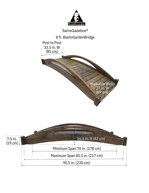 Wooden Bridge for Japanese Garden 8 ft Arched Rails Basho - SamsGazebos Handcrafted Garden Structures