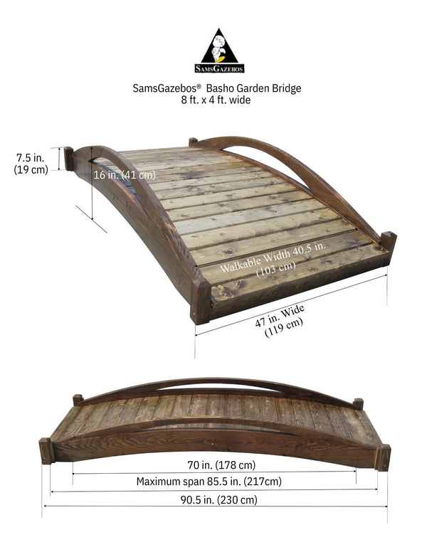 Pond Bridge 8 ft x 4 ft Arched Rails Basho 400 lb Capacity (CLEARANCE floor model) - SamsGazebos Handcrafted Garden Structures