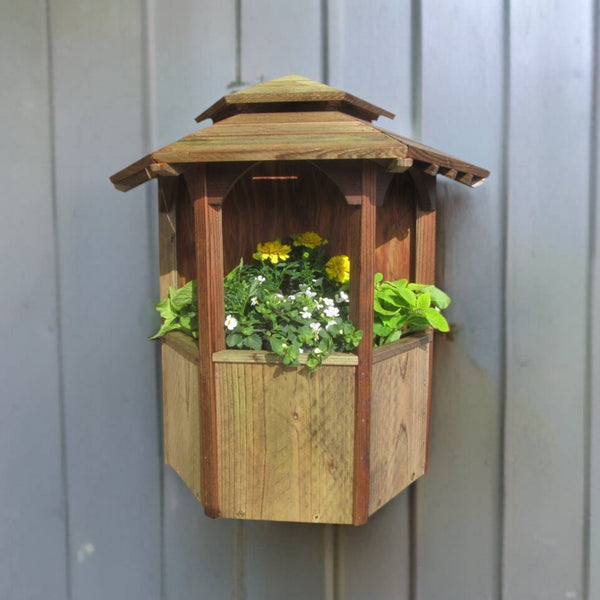 Wall Mount Wooden Gazebo Planter with Pagoda Roof - SamsGazebos Handcrafted Garden Structures