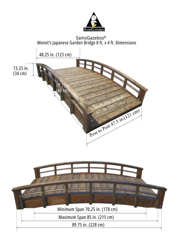 Japanese Garden Bridge - Arched Split Railings Monet 8 ft x 4 ft 400 lb capacity Red/Brown/Green - SamsGazebos Handcrafted Garden Structures