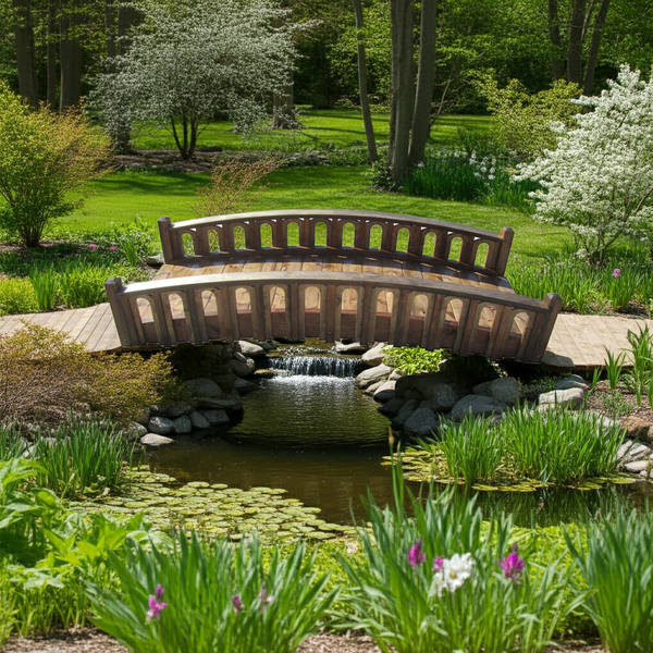 Pond Bridge with Arched Railings for Backyard 8 ft Terrace with Windows - SamsGazebos Handcrafted Garden Structures