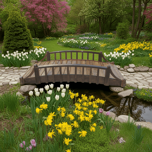 French Country Wood Garden Bridge 8 ft. - SamsGazebos Handcrafted Garden Structures