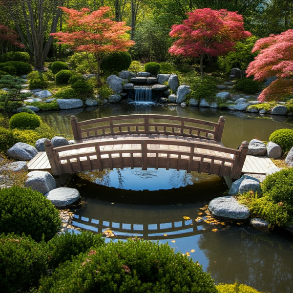 Japanese Bridge with Split Inlaid Railings and Finials 8 ft. Taiko Garden bridge - SamsGazebos Handcrafted Garden Structures