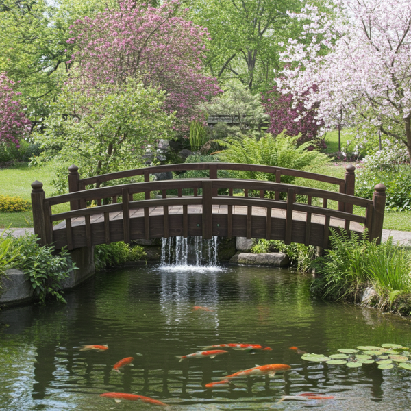 Japanese Bridge with Split Inlaid Railings and Finials 8 ft. Taiko Garden bridge - SamsGazebos Handcrafted Garden Structures