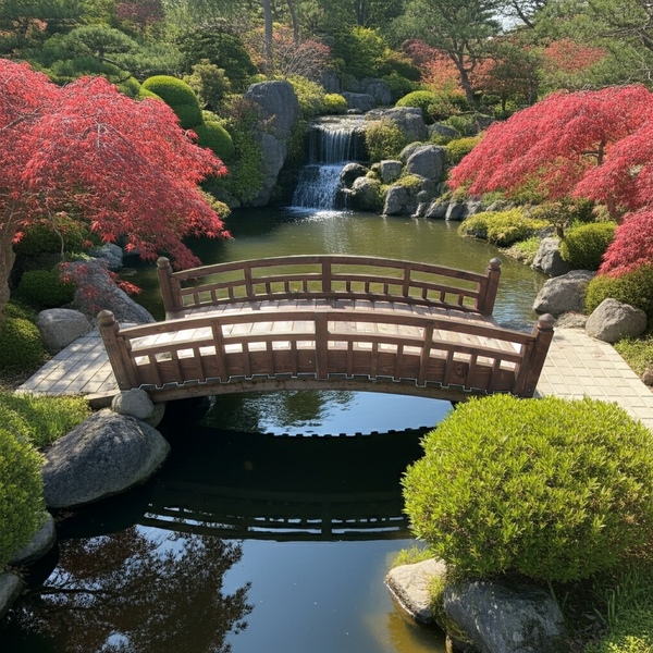 Japanese Bridge with Split Inlaid Railings and Finials 8 ft. Taiko Garden bridge - SamsGazebos Handcrafted Garden Structures