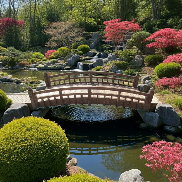 Japanese Bridge with Split Inlaid Railings and Finials 8 ft. Taiko Garden bridge - SamsGazebos Handcrafted Garden Structures