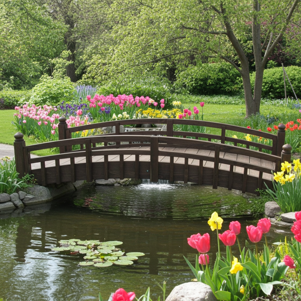 Japanese Bridge with Split Inlaid Railings and Finials 8 ft. Taiko Garden bridge - SamsGazebos Handcrafted Garden Structures