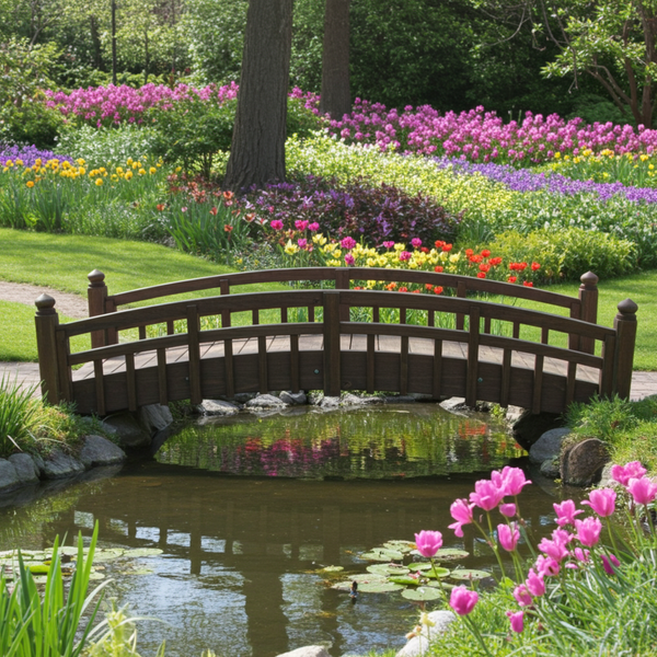 Japanese Bridge with Split Inlaid Railings and Finials 8 ft. Taiko Garden bridge - SamsGazebos Handcrafted Garden Structures