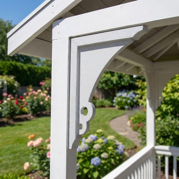 White painted wooden porch support bracket and post in a landscaped garden setting with flowers and greenery.