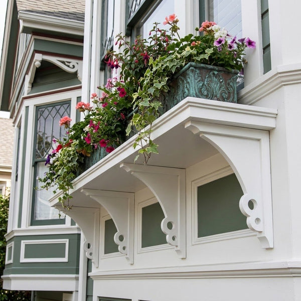 White decorative house fascia and corbels supporting a bay window balcony, adorned with flowers, against a Victorian house.