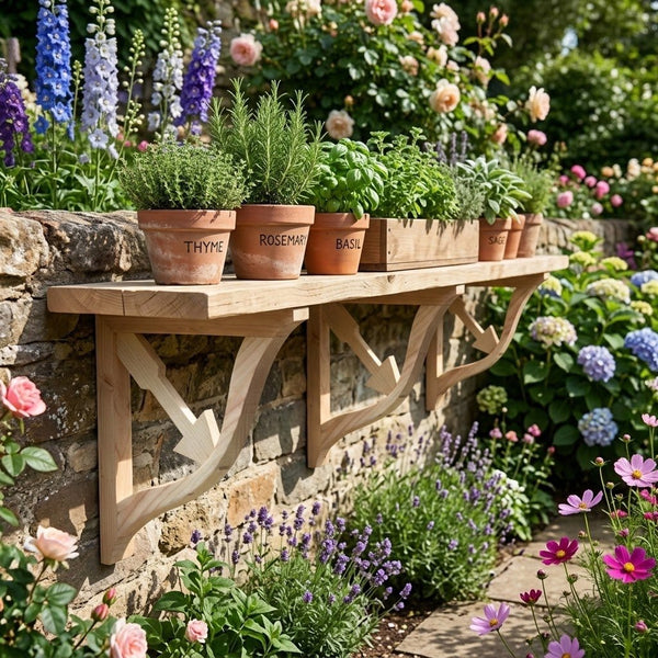 A wooden garden shelf mounted on a stone wall, holding several terracotta pots with labeled herbs and other garden plants, set in a lush, colorful garden.