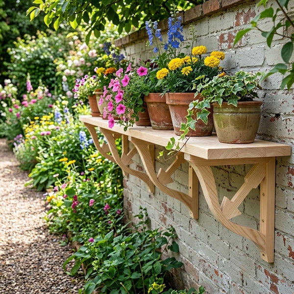 A wooden wall-mounted shelf with decorative brackets holds several potted flowers and green plants against a weathered brick wall in a garden setting.