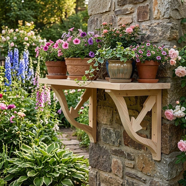 A light natural wood wall-mounted shelf bracket holding four potted flowers, installed against a stone pillar in a lush garden setting.