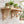 A light natural wood wall-mounted shelf with two decorative bracket supports, styled with several potted green plants against a white brick wall.