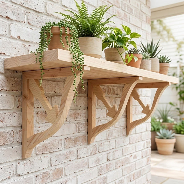A light natural wood wall-mounted shelf with two decorative bracket supports, styled with several potted green plants against a white brick wall.