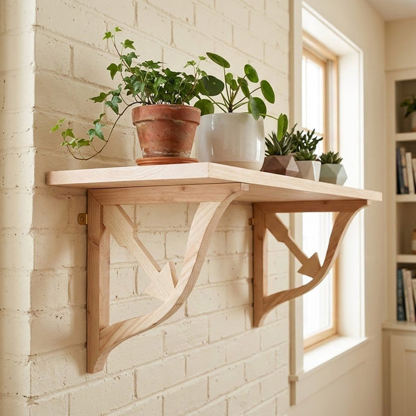 A light natural wood wall-mounted shelf with decorative bracket supports, styled with several potted green plants against a white brick wall next to a window.