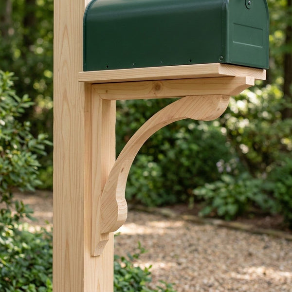 Close-up of a wood corbel supporting a dark green mailbox, with blurred greenery in the background.