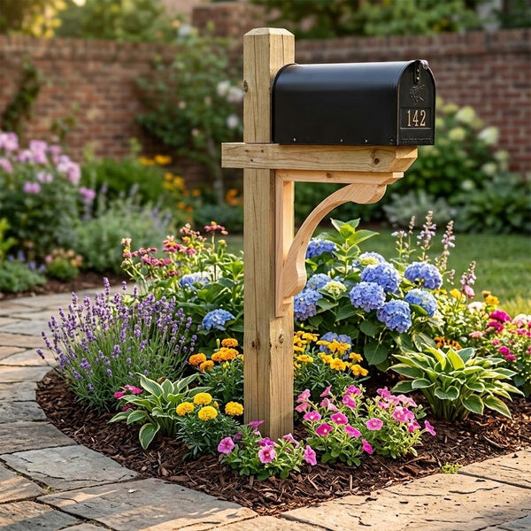 Black mailbox on a natural wood post with a wood corbel support, surrounded by flowers beside a stone walkway.